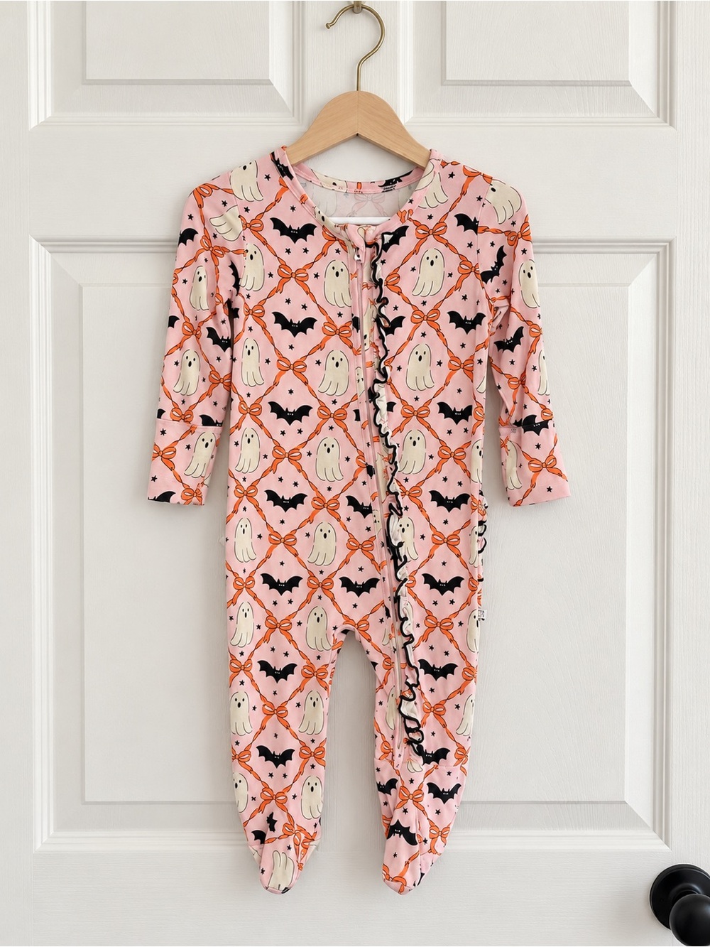 Caden Lane 6-9M Halloween Ghost Bat Bamboo Ruffle Footie Pajamas